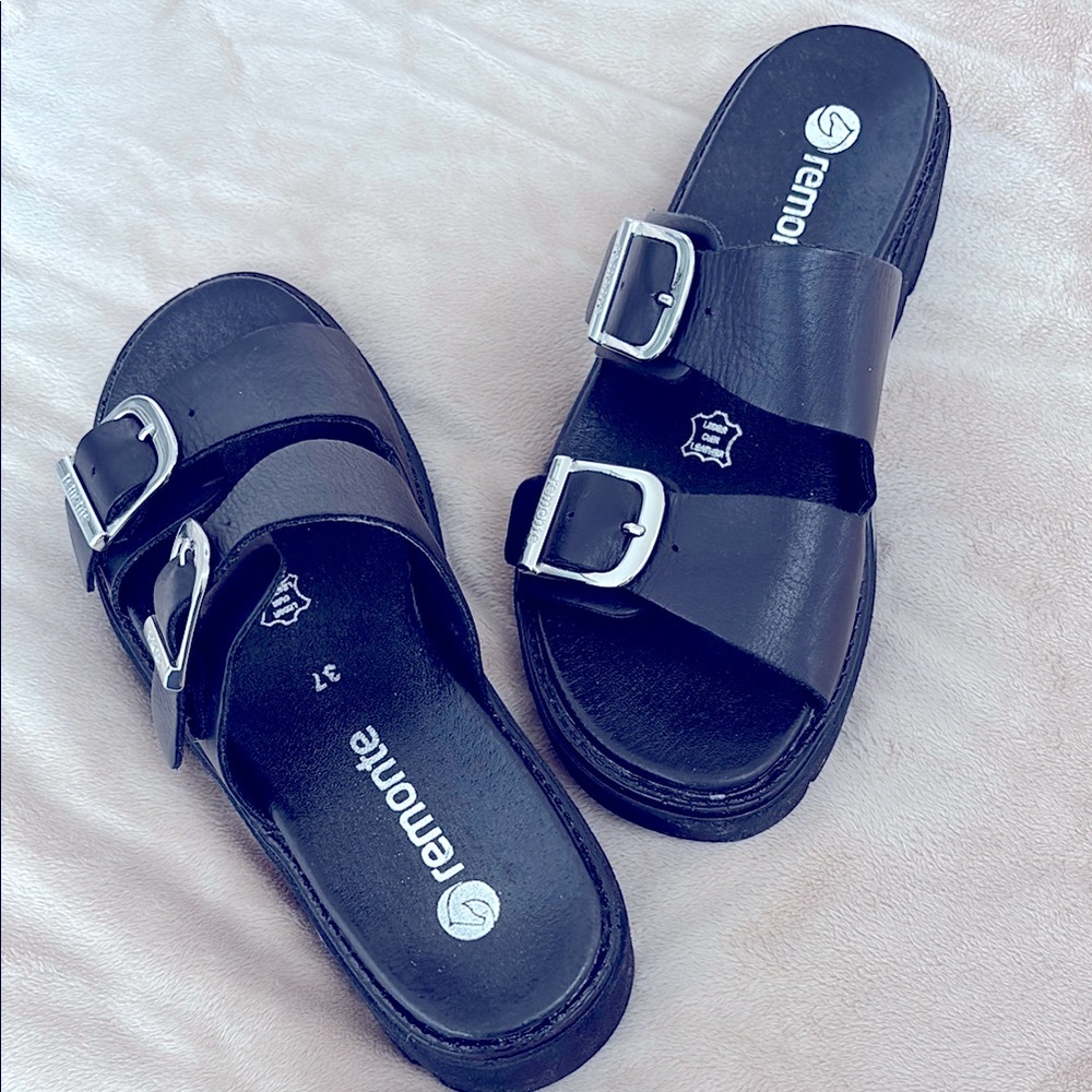 Remonte Black Leather Double-Strap Slide Sandals with Silver Buckles